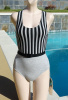 NOS with Hang Tag Jacques Moret Grey & Black Stripe Belted Racerback Leotard size Small